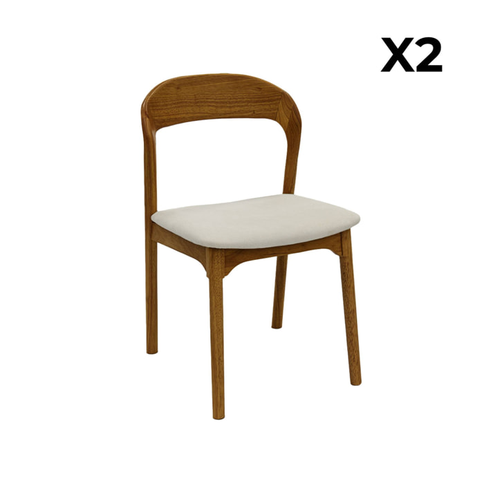 Lot de 2 chaises vintage bois d'hévéa noyer et tissu beige - L 46 x P 53 x H 78cm - Athena