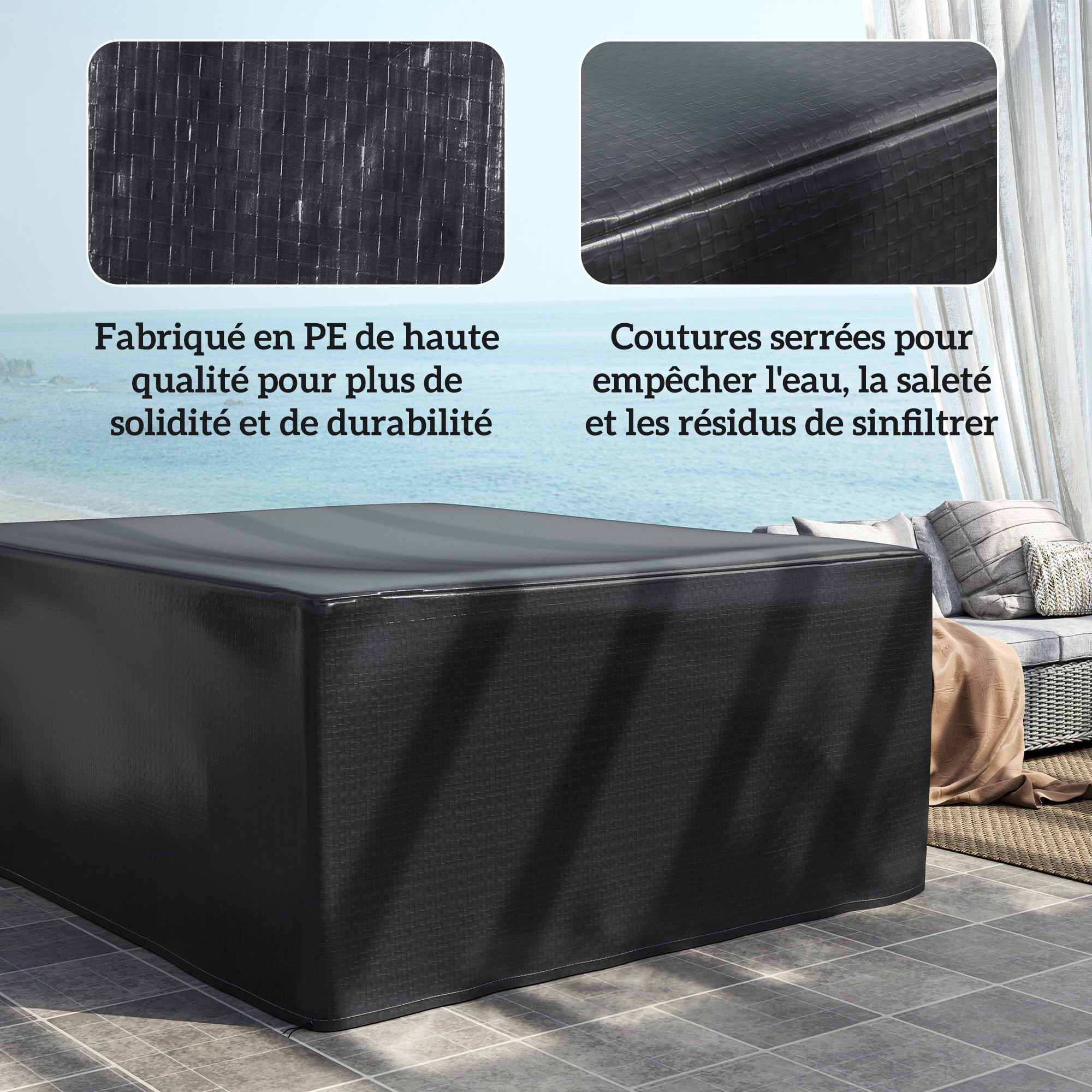 Housse de protection mobilier de jardin bâche étanche anti-UV PE haute densité noir