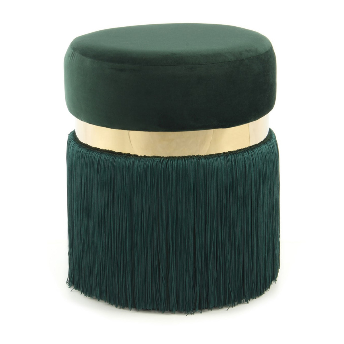 Pouf di design Rebecca con frange e anello dorato verde