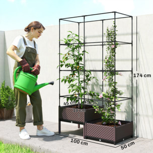 Jardinera con Enrejado Metálico, Jardinera Exterior Grande para Plantas Trepadoras, 2 Macetas de PP con Orificios de Drenaje, Tapones, Macetero Elevado para Jardín Patio, 100x50x174 cm, Negro