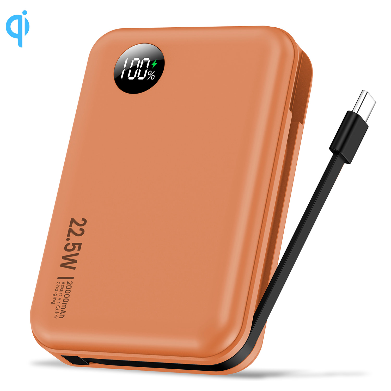 Powerbank 20.000mAh con ricarica rapida PD22,5W, cavo USB-C integrato. Schermo LED di carica.