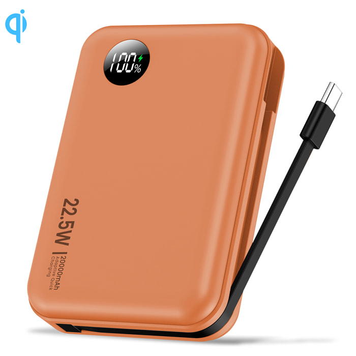 Powerbank 20.000mAh con ricarica rapida PD22,5W, cavo USB-C integrato. Schermo LED di carica.