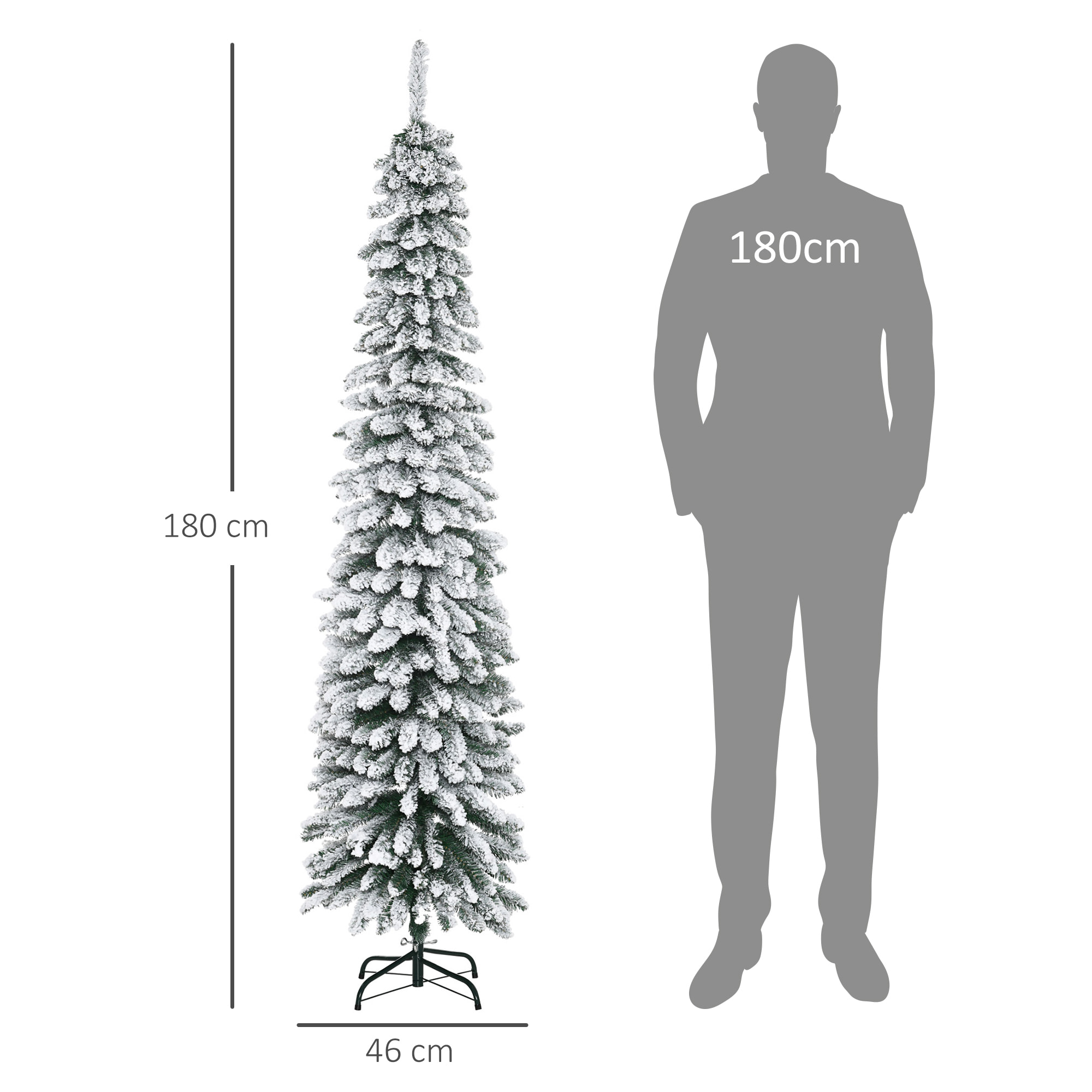 Árbol de Navidad Estrecho 180 cm, Árbol de Navidad Artificial Nevado con 395 Ramas y Soporte de Metal Plegable, Decoración Navideña para Salón, Interior, Verde