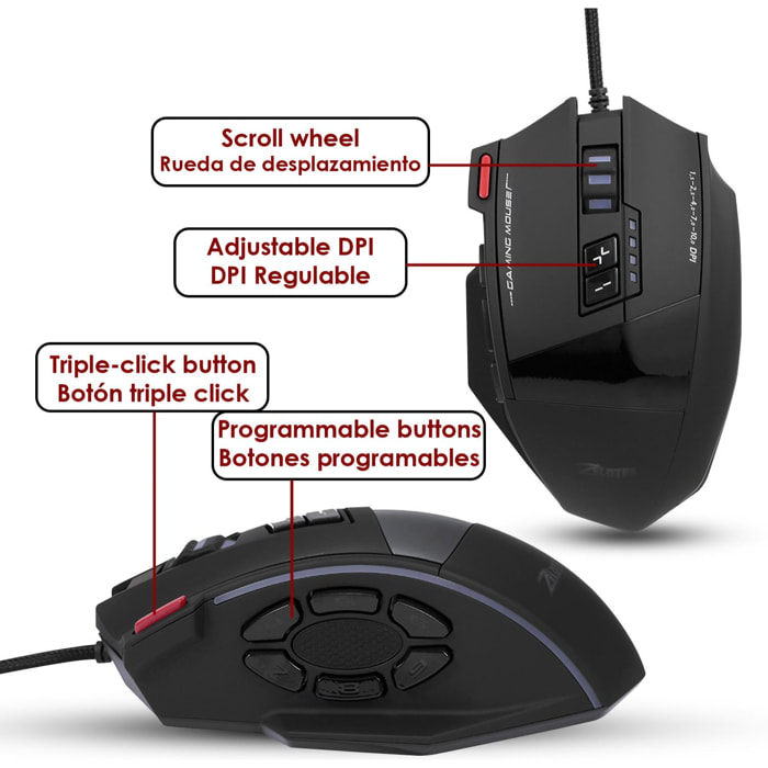 Mouse da gioco C-13, fino a 10.000 DPI, 1000 Hz, 13 pulsanti programmabili, peso regolabile. Illuminazione LED RGB.