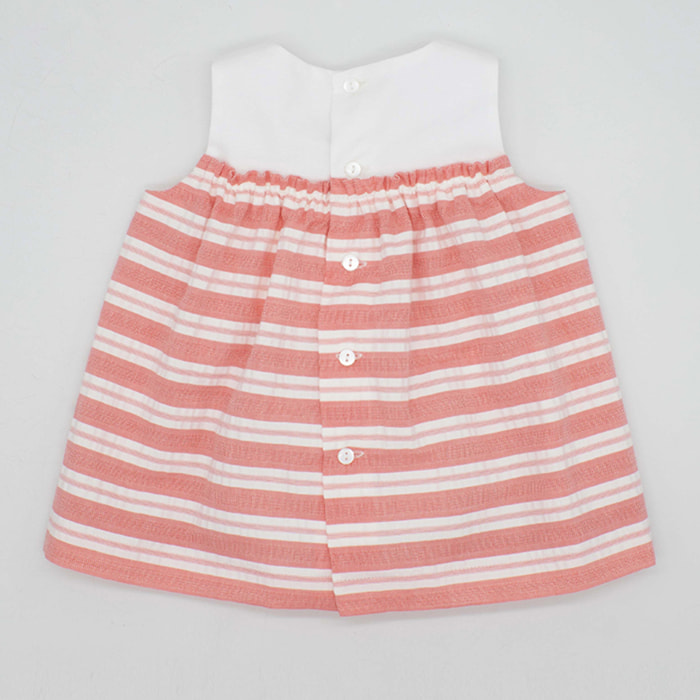 VESTIDO CONTRASTE RAYAS ROJO Y BLANCO Y CUERPO BLANCO