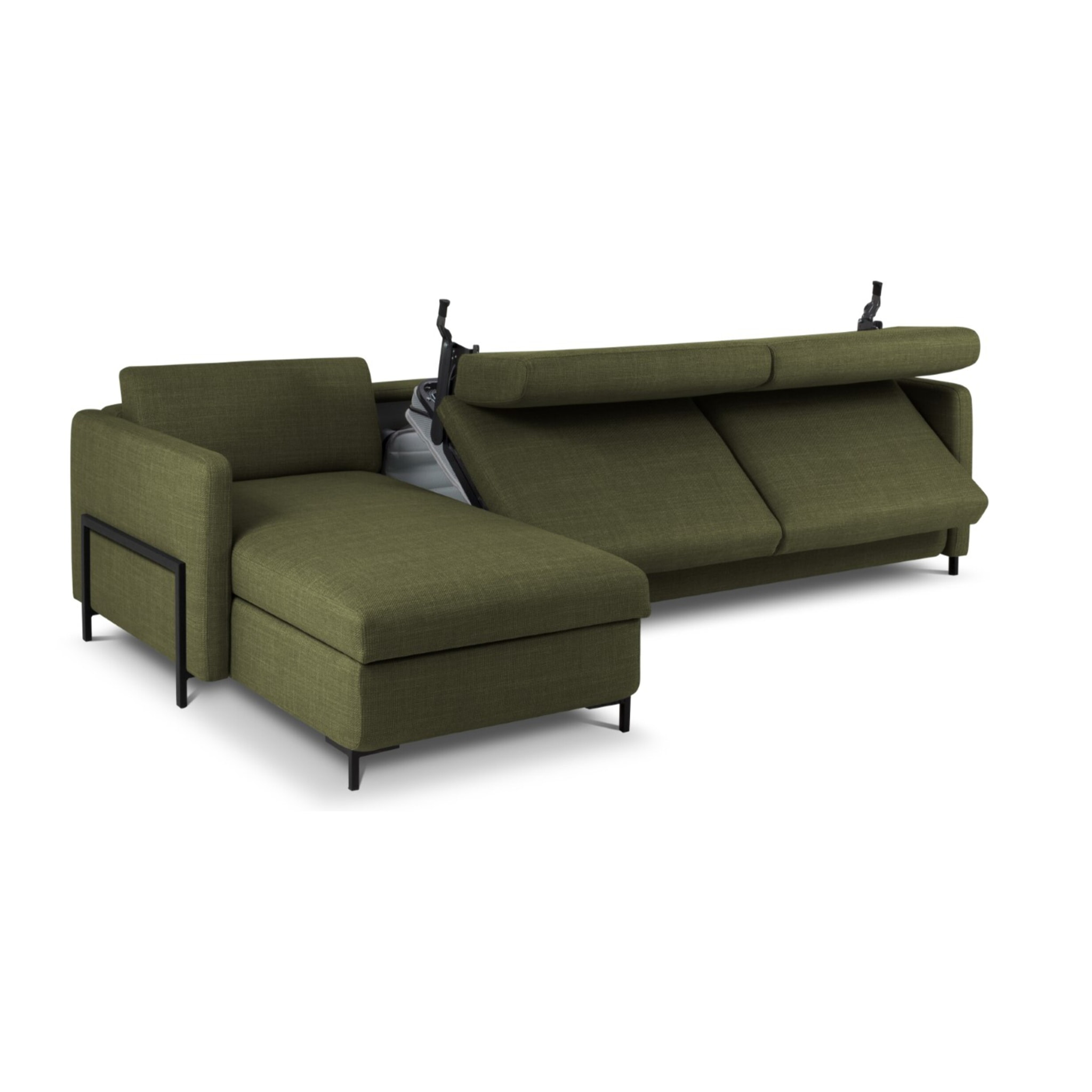 Canapé d'angle gauche convertible avec coffre de rangement "Yanis" 5 places en tissu structurel vert