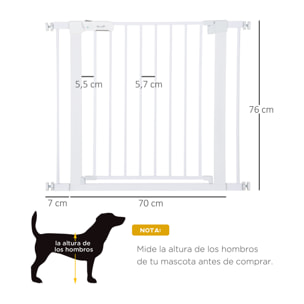 Barrera de Seguridad de Perros Extensible para Escaleras y Puertas 75-96 cm con 2 Extensiones de 7 cm Cierre Automático y Marco de Acero Altura 76 cm Blanco