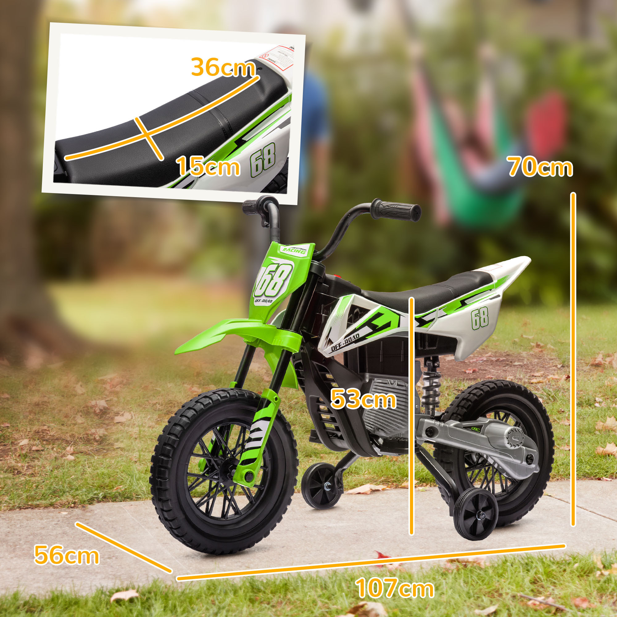 Moto Eléctrica para Niños de +3 Años, Moto Eléctrica Infantil con Batería 12V, Música, Velocidad 2,4-5 km/h y Ruedas Auxiliares Desmontables, Carga 30 kg, Verde