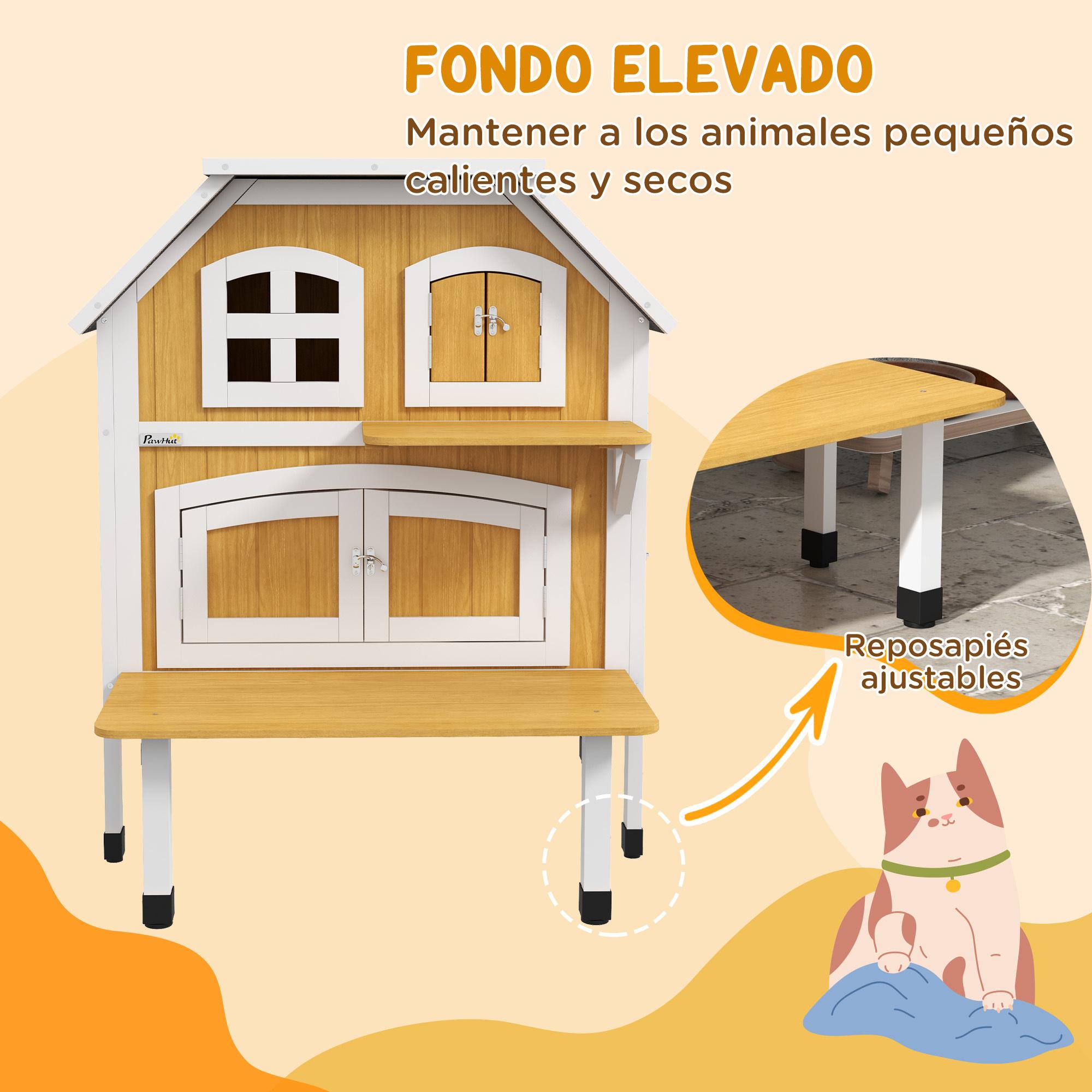 Casa para Gatos de Madera 78x82x93 cm Caseta para Gatos de 2 Niveles Refugio para Gatos con Techo Asfáltico Terraza y Plataforma de Salto Natural