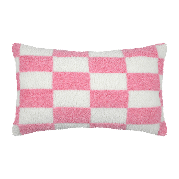 Coussin rectangulaire en bouclette à motif damier - Rose