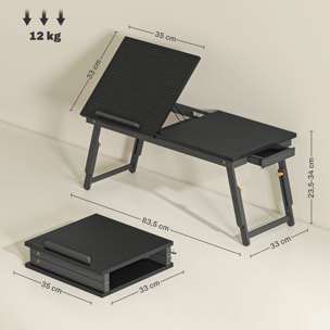 Mesa Reclinable para Cama y Sofá, Bandeja Plegable con Cajón Lateral, para Ordenador Portátil y Libros, con Cinco Alturas, Patas Ajustables, Mesita Auxiliar de Bambú y MDF, 83,5x33x34 cm, Negro