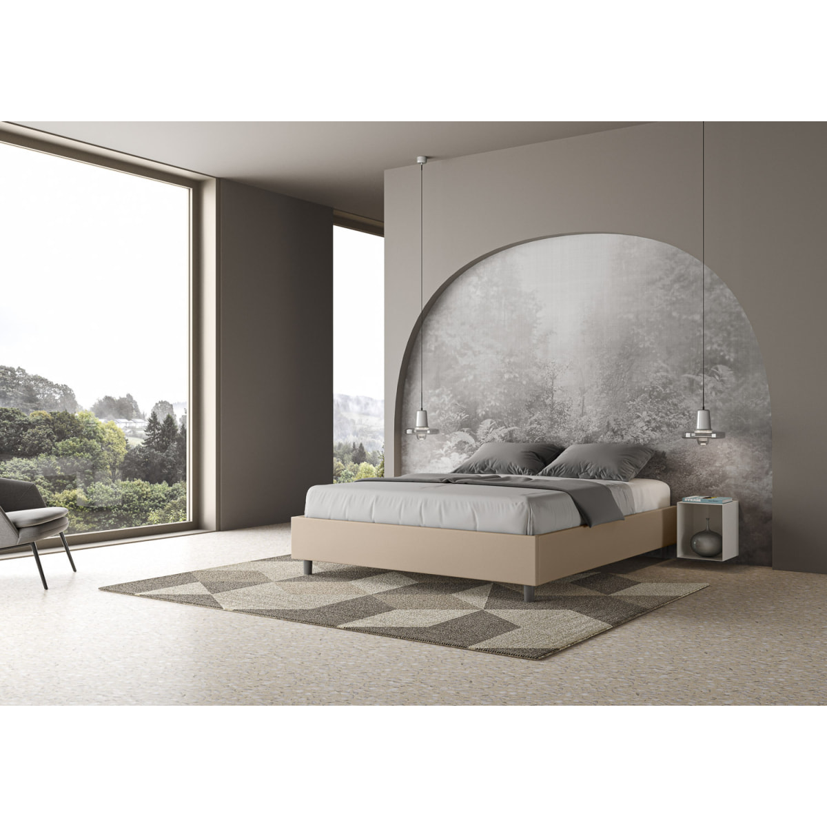 Cama con somier acolchada 160x200 cuero sintético gris paloma Azelia