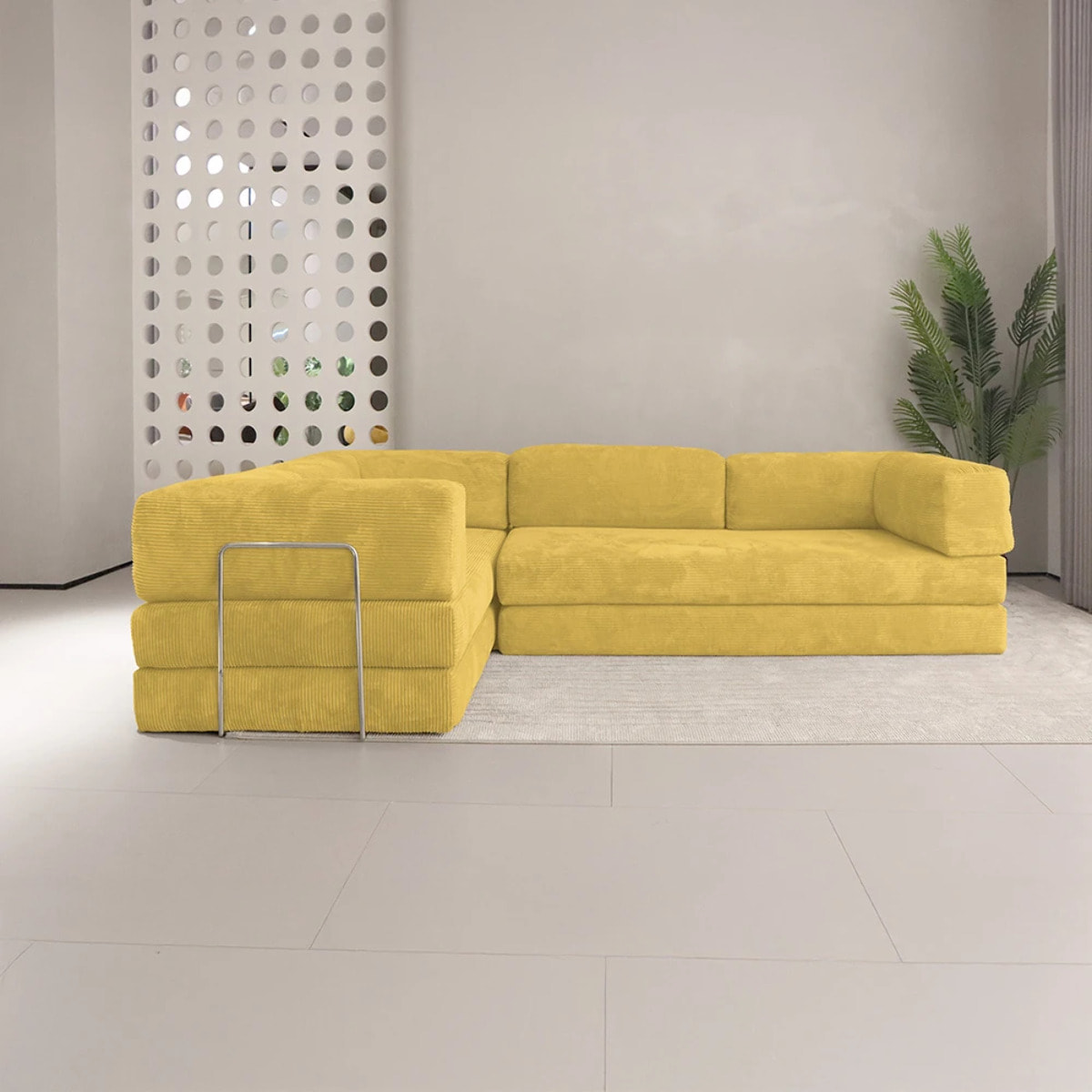 TRENDY - Canapé compressé 5 places angle modulable en velours côtelé jaune