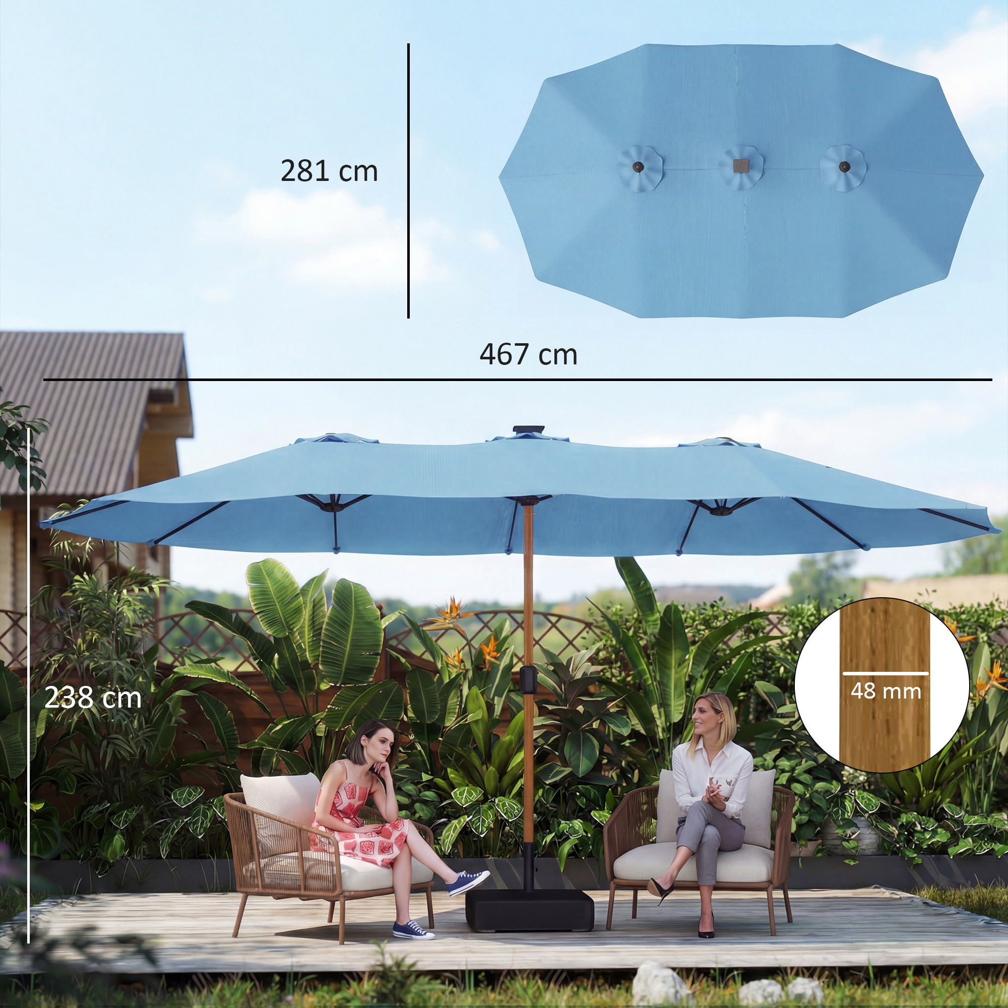 Parasol de jardin double XXL mât métal effet bois manivelle pied à lester inclus
