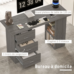 Bureau informatique table multi-fonctions 3 tiroirs 2 étagères dim. 120L x 49l x 72H cm MDF aspect bois gris