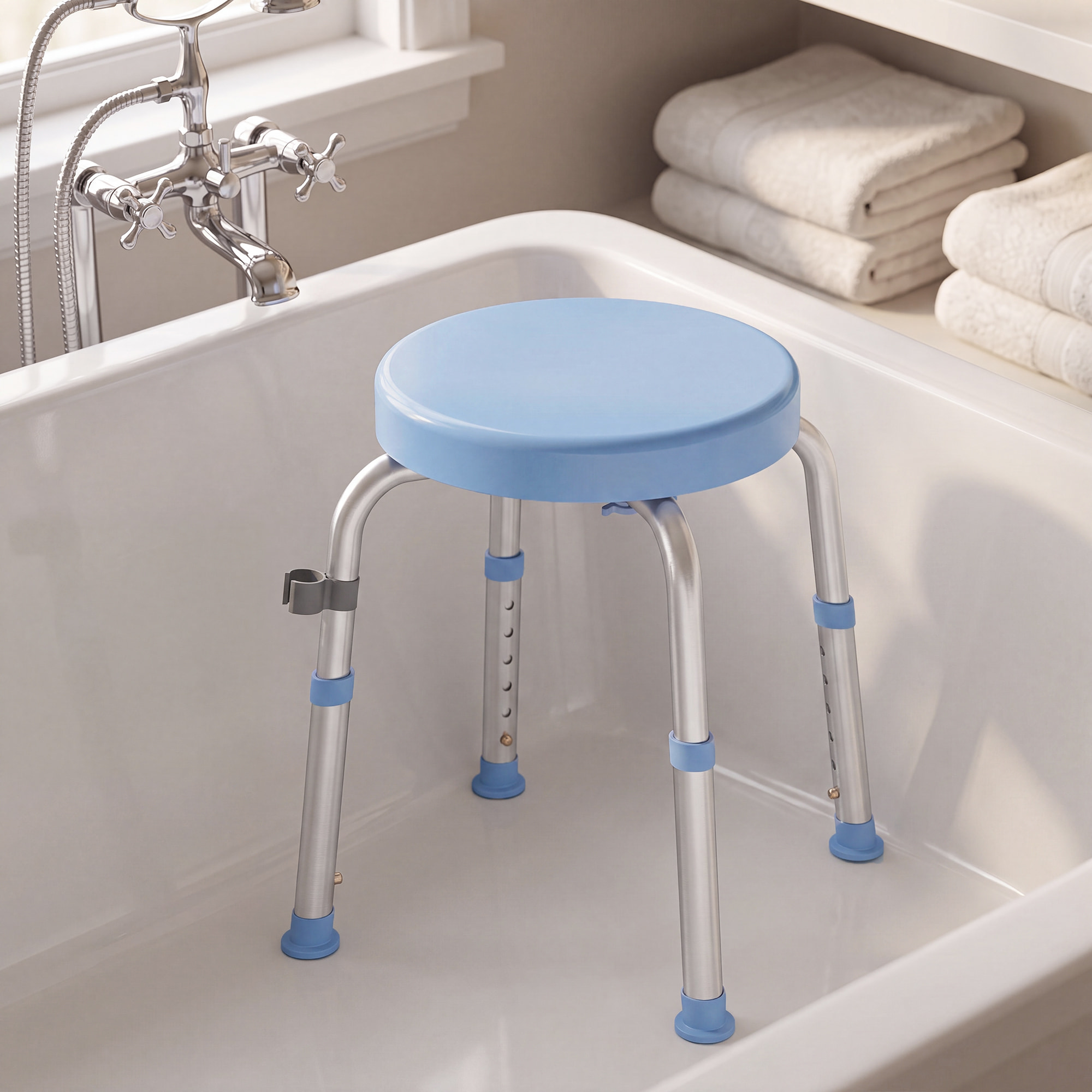 Silla Ducha Personas Mayores Giratorio 360°, Taburete Ducha con Marco de Aluminio, Altura Regulable en 5 Niveles, Antideslizante, Silla de Baño, Montaje Sin Herramientas, Carga 136 kg