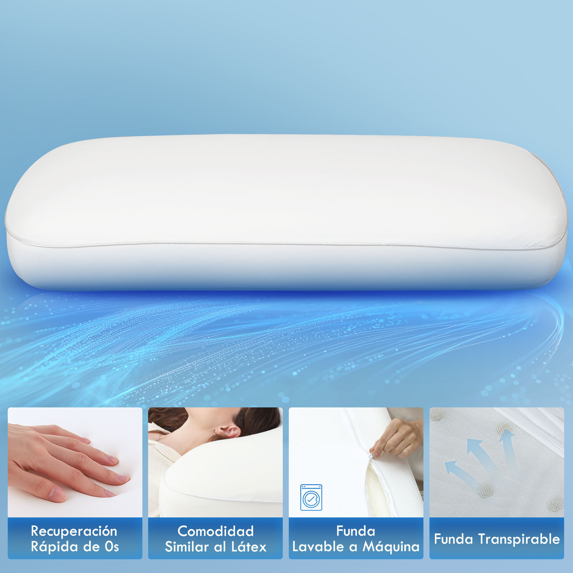 Almohada Viscoelástica 91x40 cm de Espuma Viscoelástica, Almohada Refrescante con Diseño Ergonómico, Funda Extraíble y Lavable, para Soporte de Cuello, Dormir de Lado y Boca Arriba