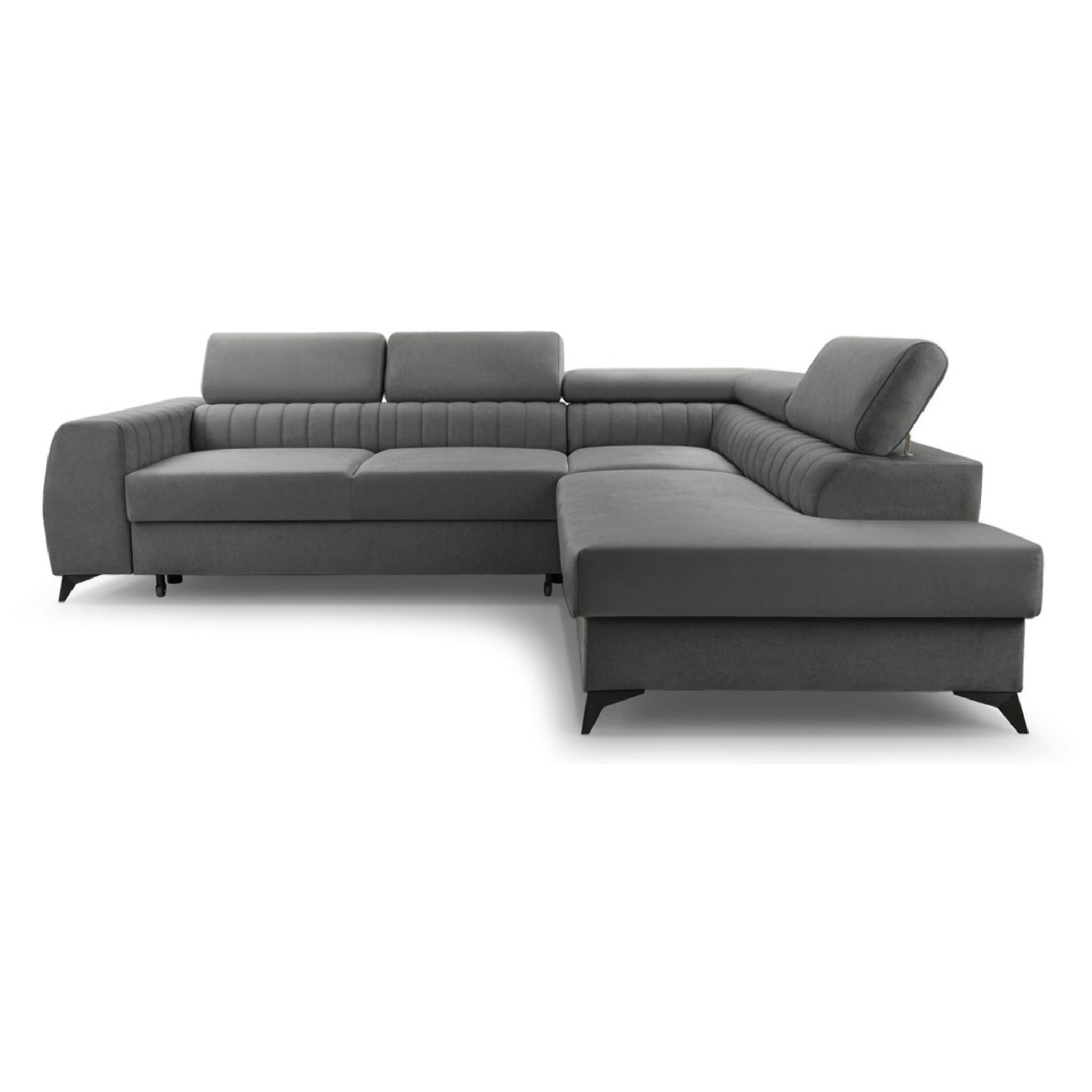 Aneta - canapé d'angle droit 5 places - convertible avec coffre et têtières - en velours - Gris
