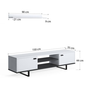 Mobile da soggiorno porta TV con due ante e due ripiani, cm 150 x 35 x 44, colore bianco e antracite