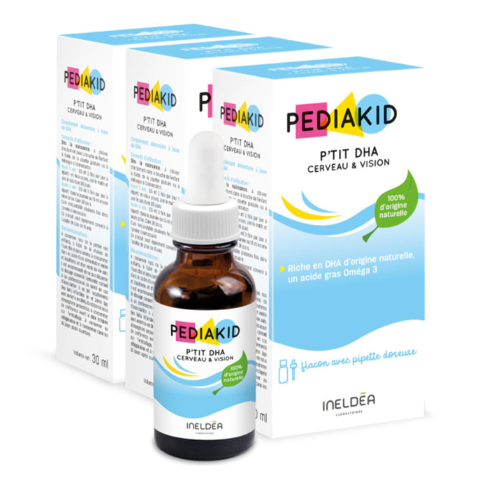 PEDIAKID - P'TIT DHA Cerveau & Vision - Favorise le développement des fonctions cognitives et de la vision - Riche en DHA d'origine naturelle - Dès la naissance - Flacon de 30ml - Lot de 3