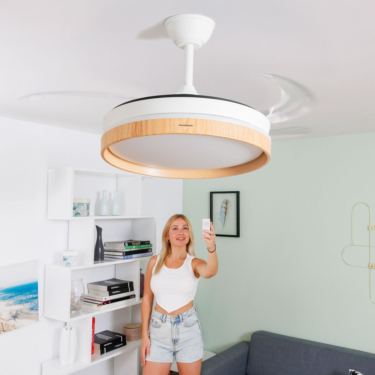 Ventilador de Techo con Luz LED y 4 Aspas Retráctiles Woteez InnovaGoods Madera 72 W Ø49-104 cm