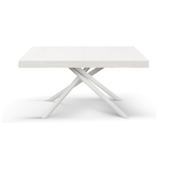 Tavolo CARRARA in legno, finitura bianco frassinato e base in metallo verniciato bianco, allungabile 140x90 cm - 220x90 cm