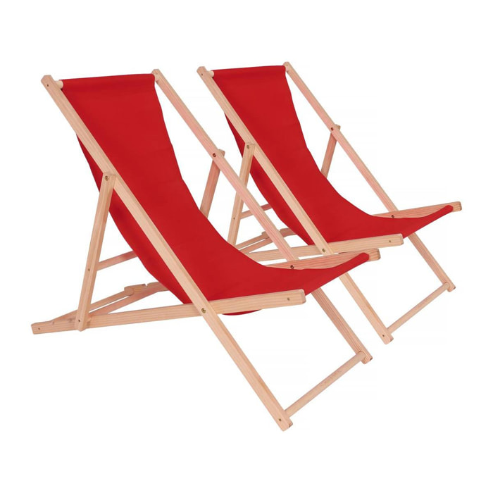 Lot de 2 transat en bois ''Chilienne'' - 107 x 56.5 x 81 cm - Rouge