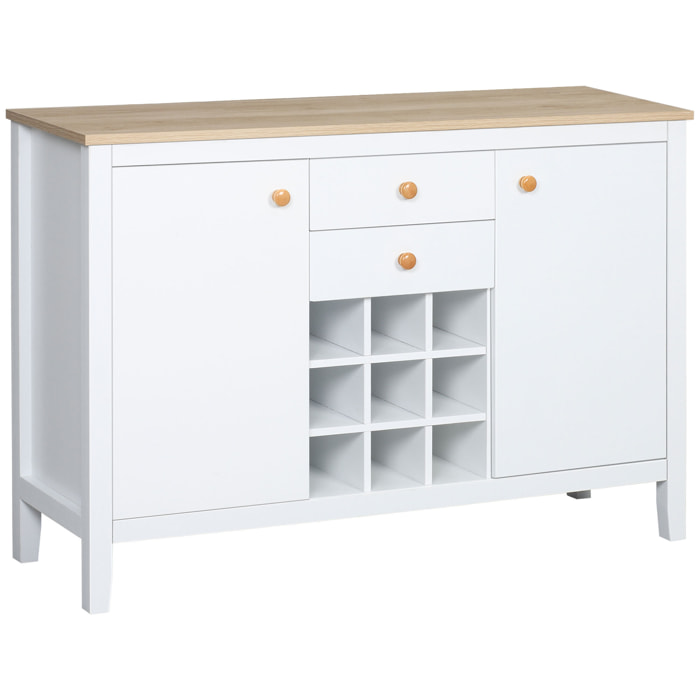 Buffet meuble de rangement avec 2 tiroirs, 2 portes étagères réglables et porte-bouteilles pour 9 bouteilles - dim. 110I x 35P x 75H cm