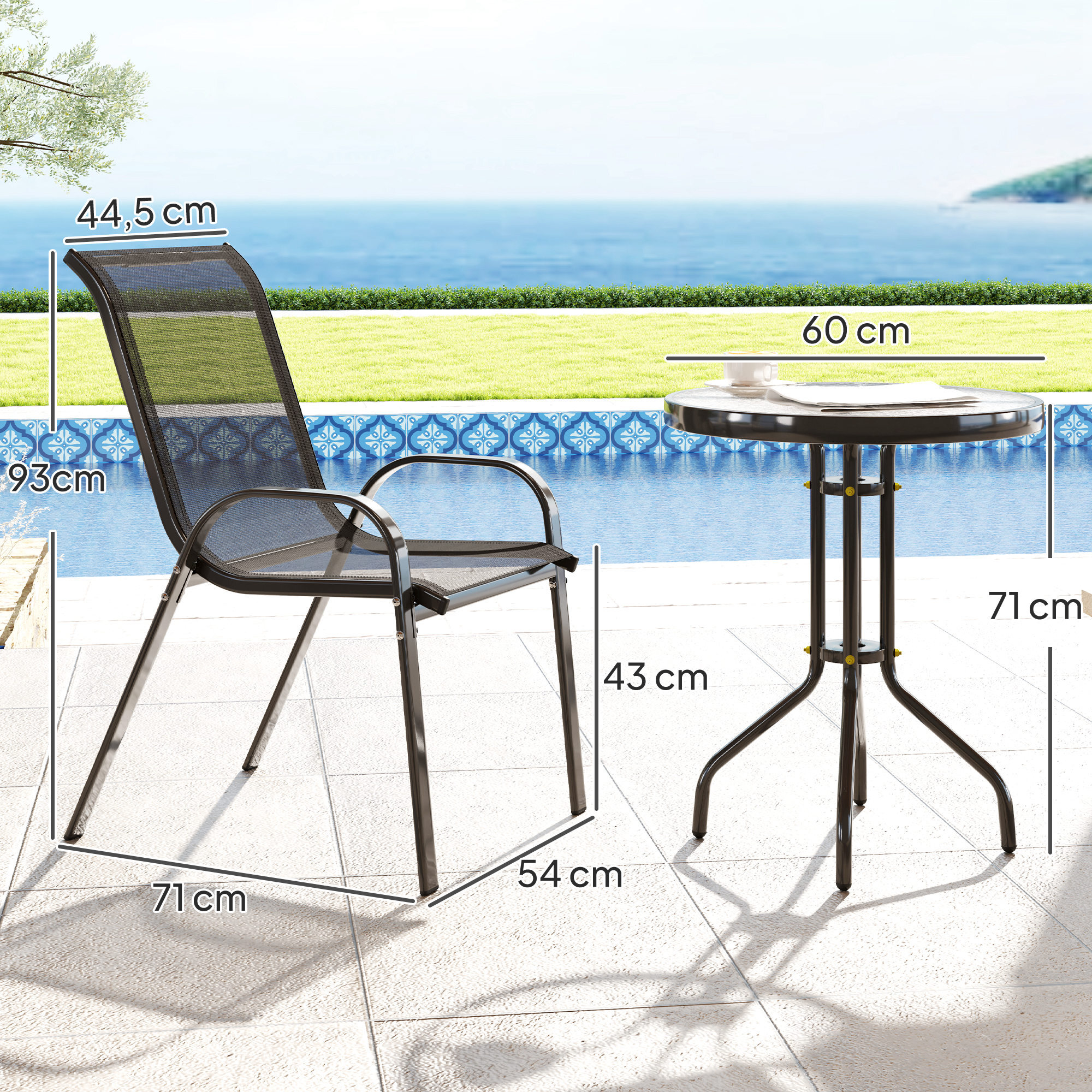 Conjunto de Mesa y Sillas de Terraza Exterior de 3 Piezas Muebles de Jardín Exterior con Sillas Apilables Encimera de Vidrio y Estructura de Acero para Patio Negro