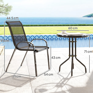 Conjunto de Mesa y Sillas de Terraza Exterior de 3 Piezas Muebles de Jardín Exterior con Sillas Apilables Encimera de Vidrio y Estructura de Acero para Patio Negro