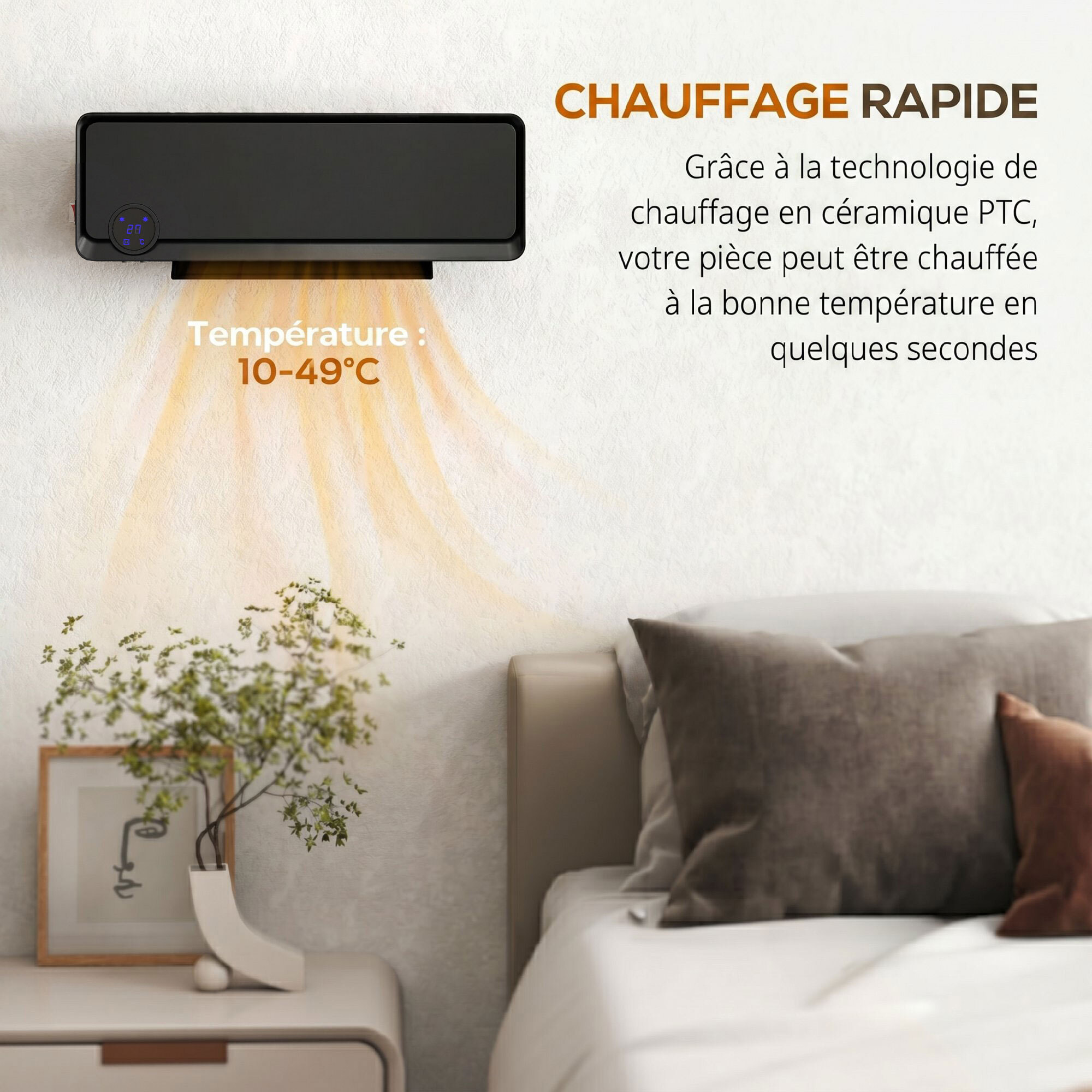 Radiateur mural soufflant oscillant 2000W chauffage céramique PTC noir