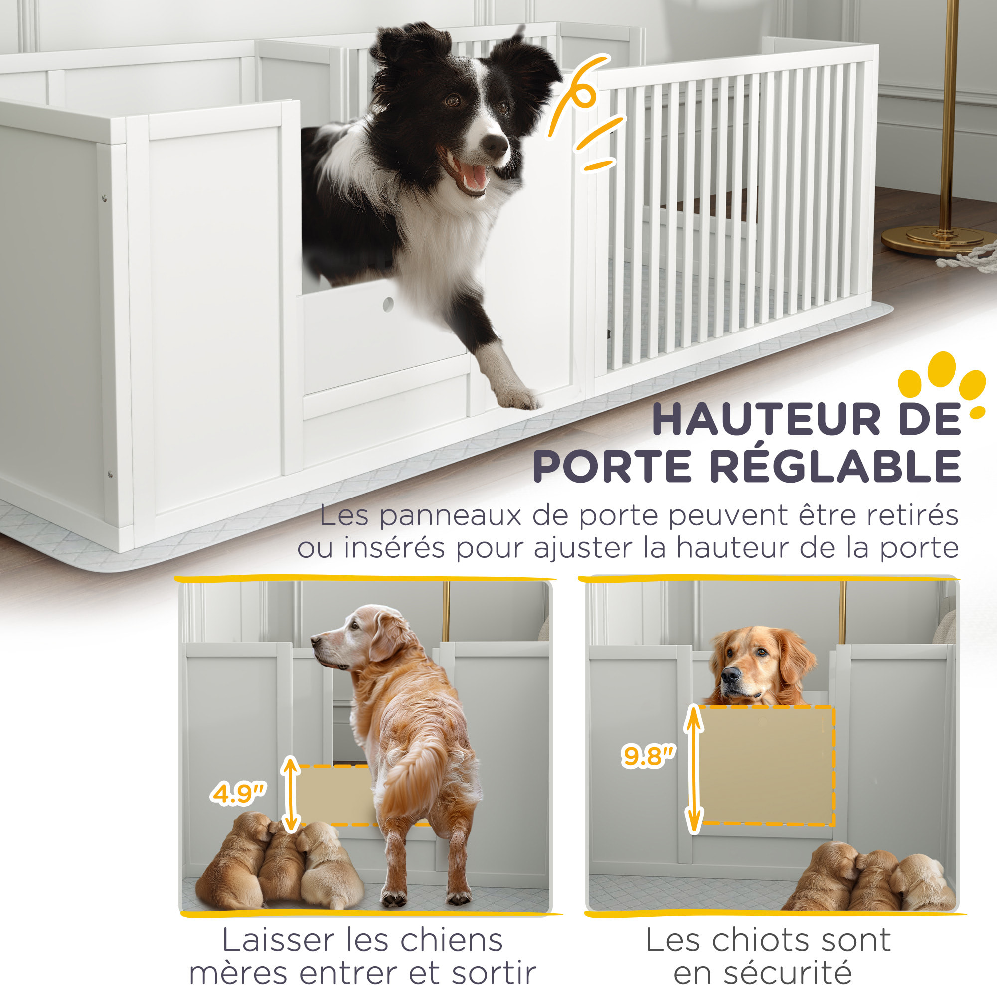 Parc de mise bas pour chien - caisse de mise bas pour chien - hauteur porte réglable - 166 x 80 x 50 cm, blanc