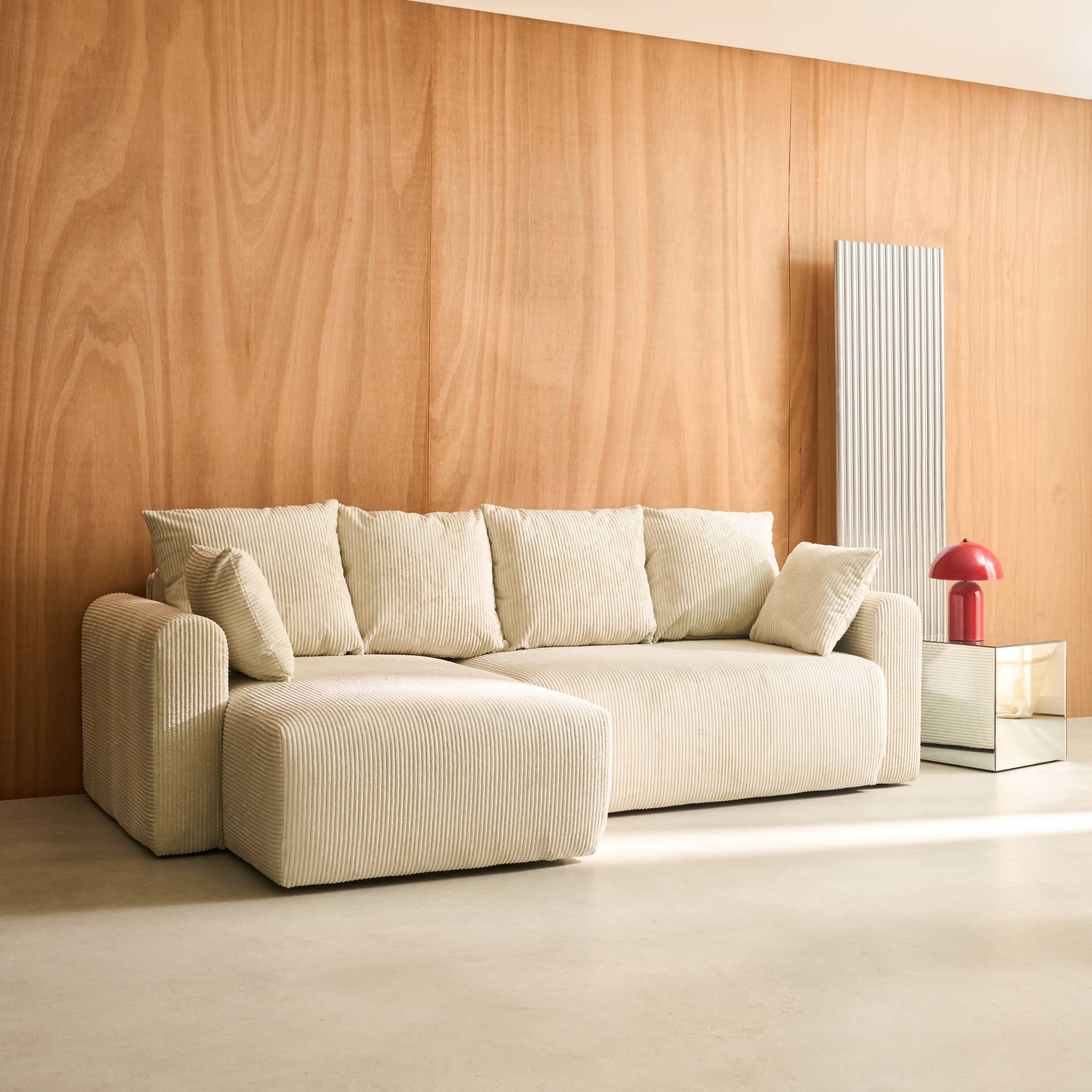 Canapé d'angle convertible réversible 3 places velours côtelé greige avec coffre de rangement - Almo