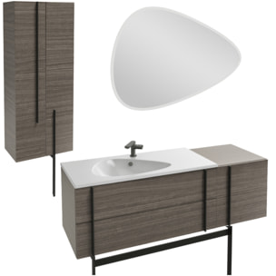 Meuble vasque 145 cm Nouvelle Vague chene tranché + tiroir rack + colonne 2 portes + miroir