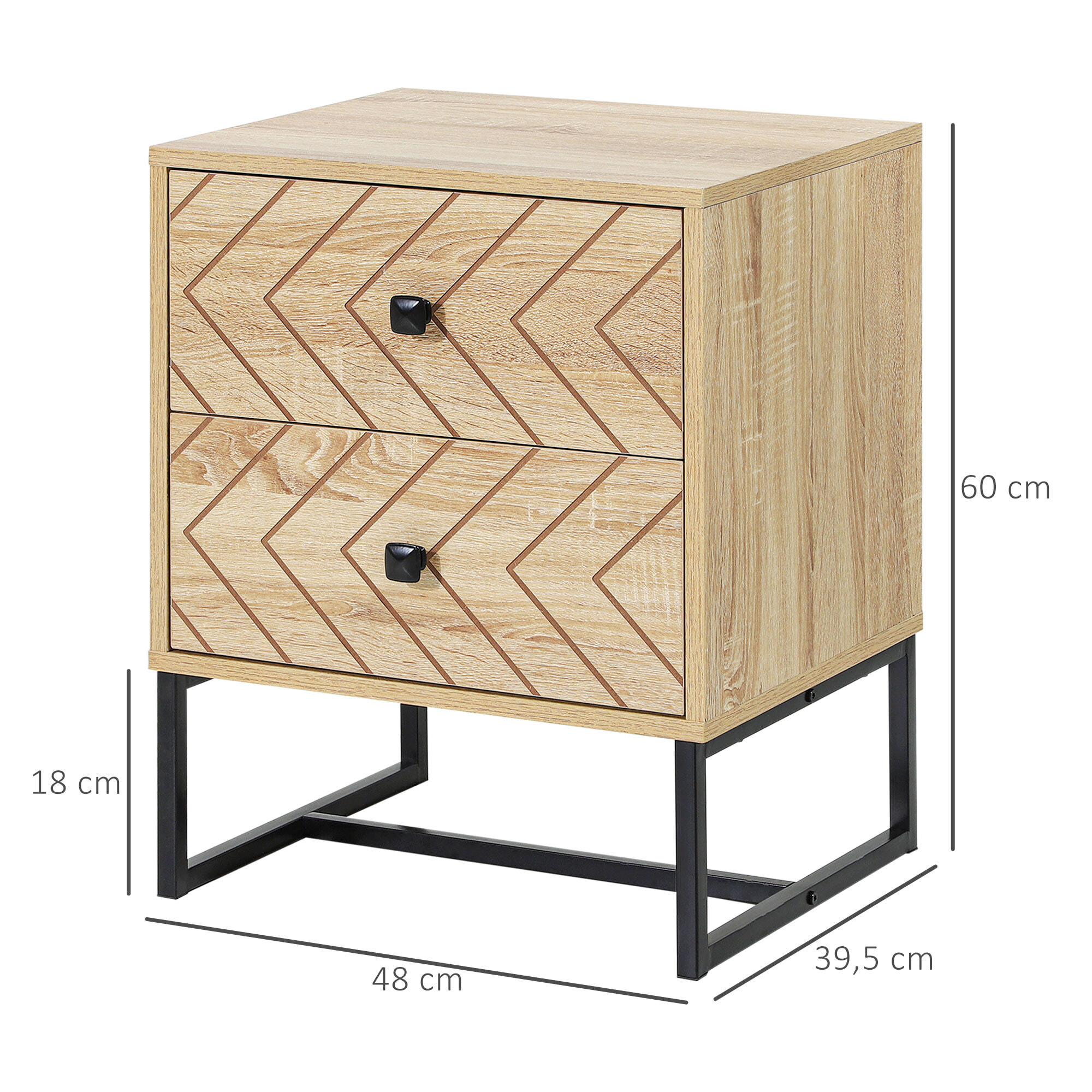 Conjunto de 2 Mesitas de Noche Mesillas de Noche con 2 Cajones y Patas de Metal Estilo Moderno para Dormitorio Salón Oficina 48x39,5x60 cm Natural