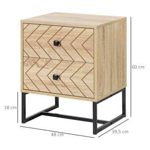 Conjunto de 2 Mesitas de Noche Mesillas de Noche con 2 Cajones y Patas de Metal Estilo Moderno para Dormitorio Salón Oficina 48x39,5x60 cm Natural
