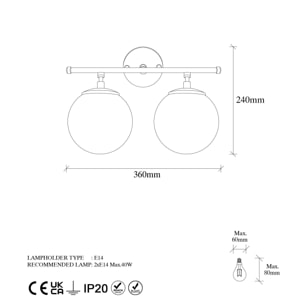 Aplique de pared pantalla transparente, metal , negro, 36x24x16, casquillo 2 x E14 Max 40 W