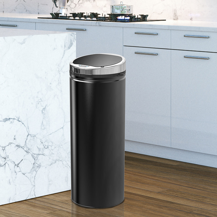 Cubo de Basura Automático 50L, Papelera Cocina con Sensor de Movimiento, Tapa Cierre Suave y Silencioso, Cuerpo de Acero Inoxidable, para Comedor, Oficina, Negro
