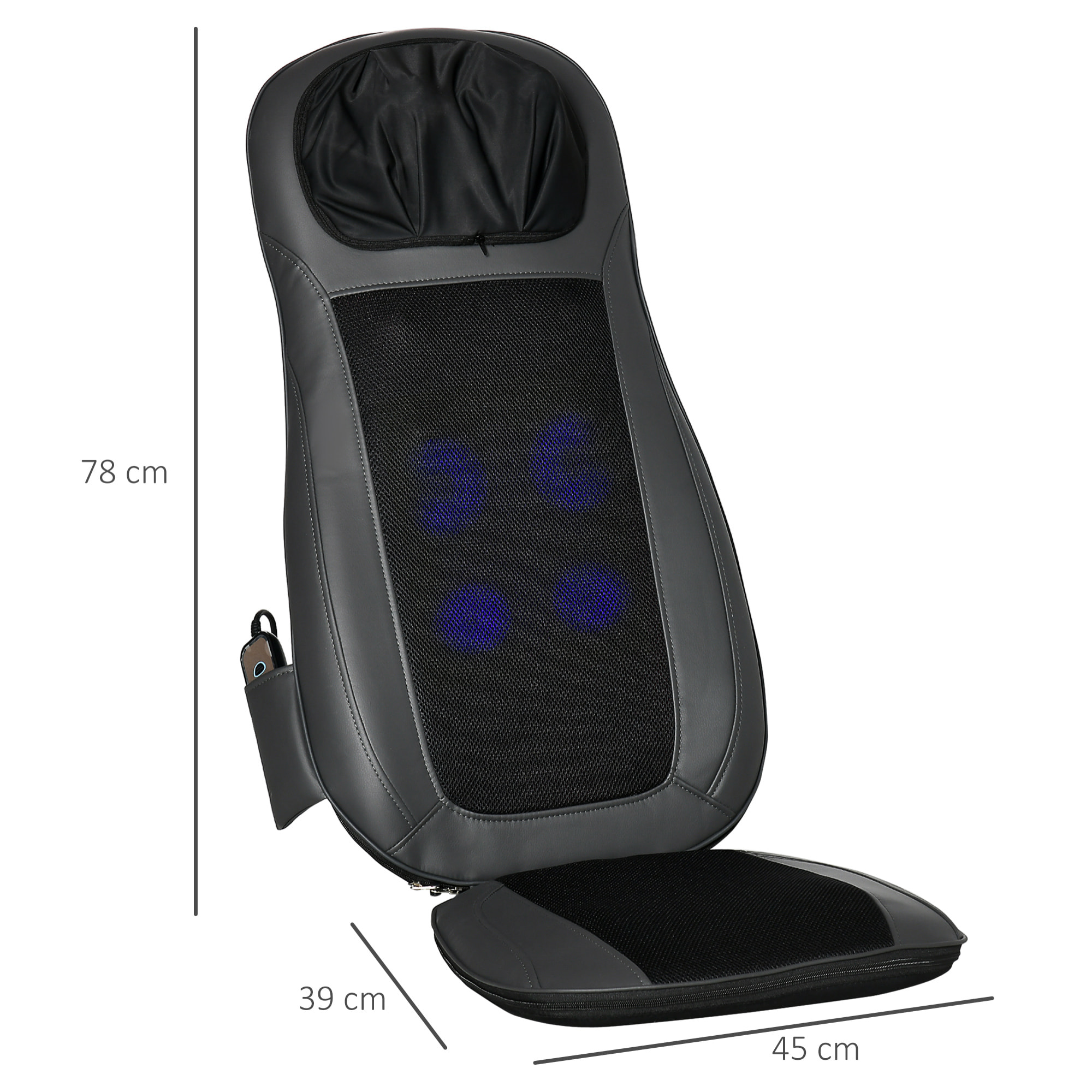 Masajeador de Asiento con Calor Cojín de Asiento de Masaje Shiatsu y Vibración con 8 Puntos Altura del Cuello Ajustable Mando a Distancia y Bolsillo Lateral para Oficina Coche 45x39x78 cm Negro