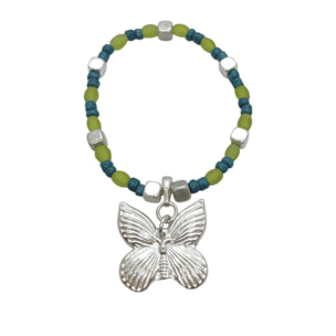 Pulsera mariposa elastica en plata y verdes cristal