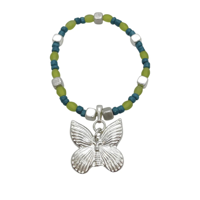 Pulsera mariposa elastica en plata y verdes cristal