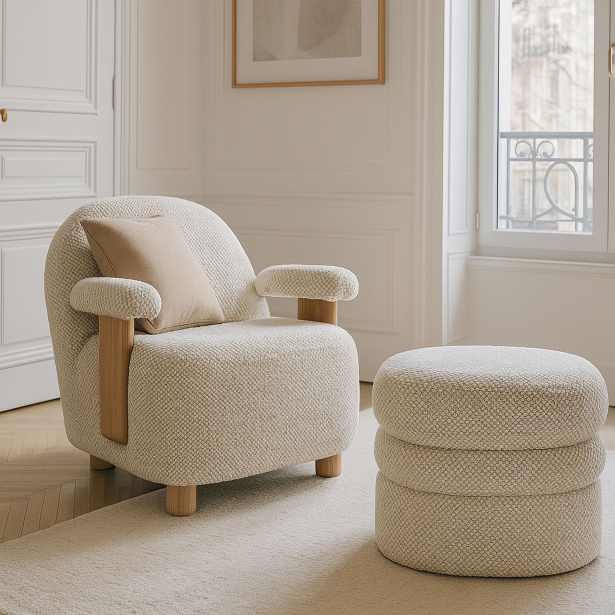 Fauteuil en bouclette écru et structure en bois ULYSSE