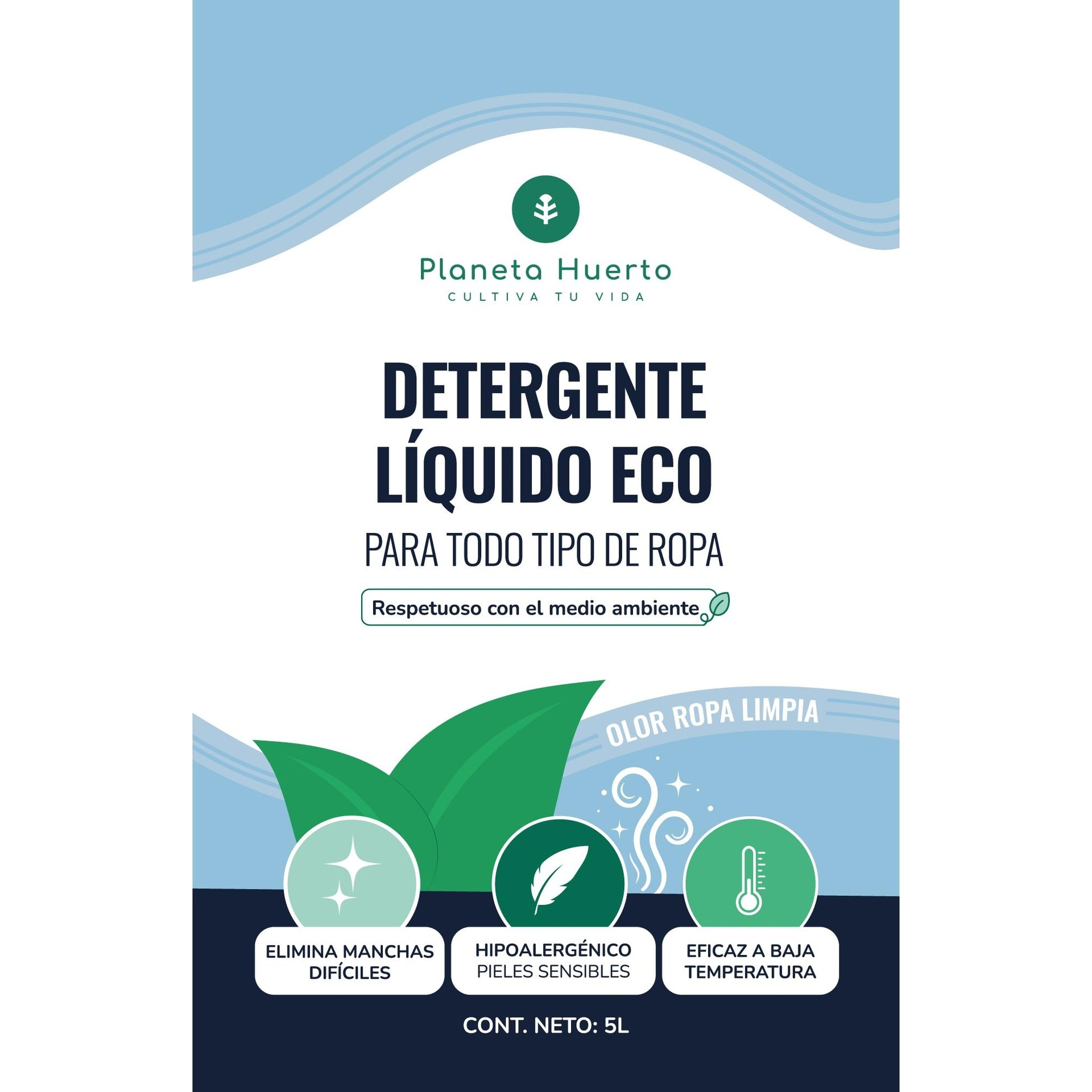 PLANETA HUERTO | Detergente Líquido Ropa Eco Aroma natural a ropa limpia 5 Litros Ecológico y eficaz para todo tipo de prendas - Detergente para Ropa Elimina las manchas más difíciles