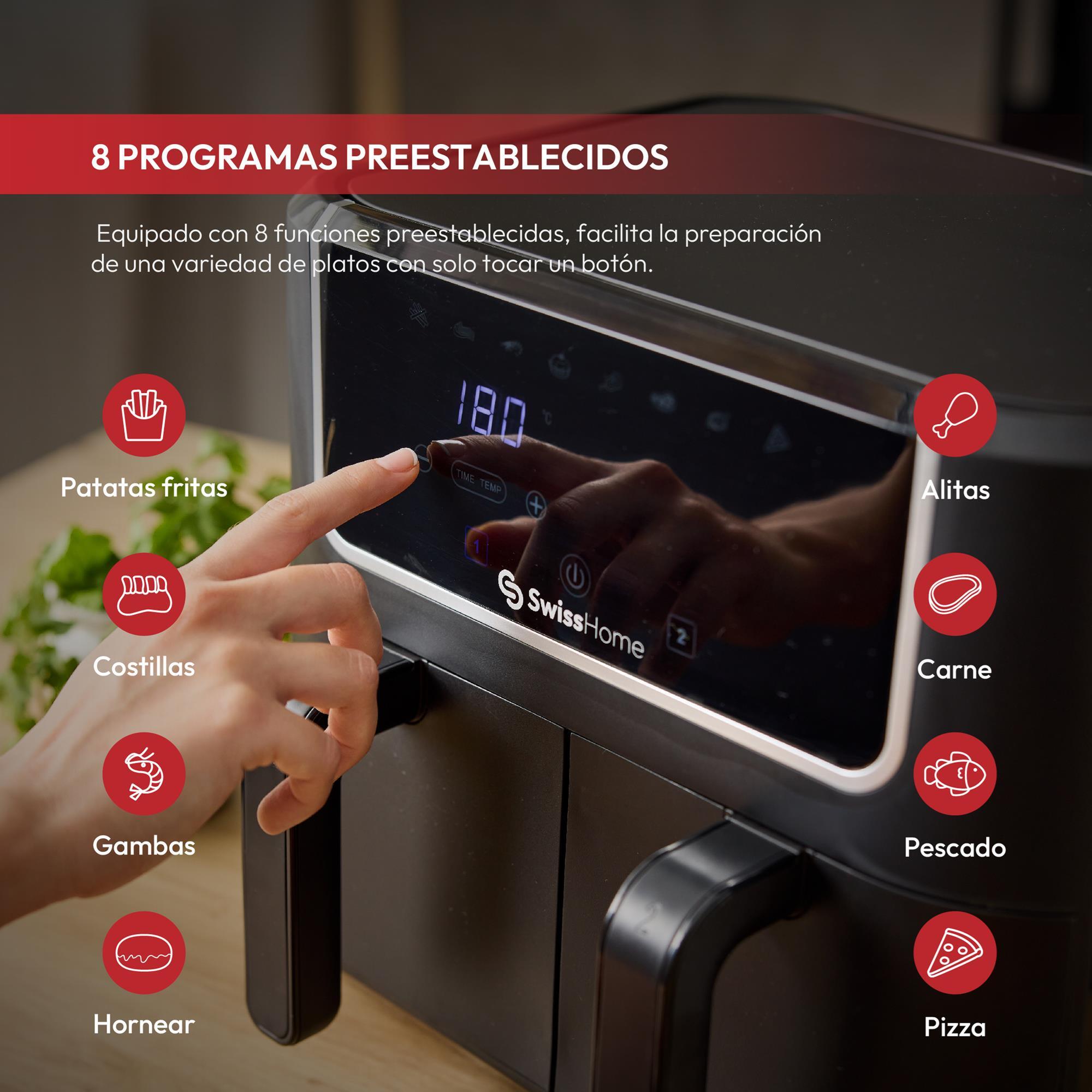 Freidroa de aire de 2100W y 2 Ollas de 3L con 8 Funciones, revestimiento antiadherente y pantalla LED SwissHome