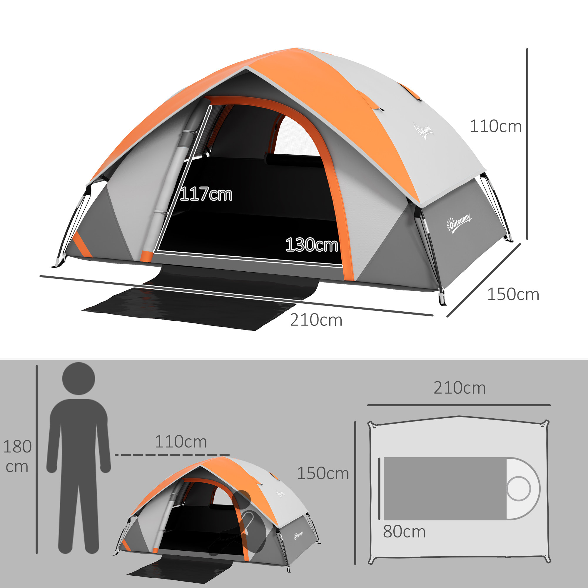 Tienda de Campaña para 2 Personas Tienda de Camping Plegable Ligera Impermeable 3000 mm con Puerta Ventana Gancho y Bolsa de Transporte 210x150x110 cm Gris y Naranja