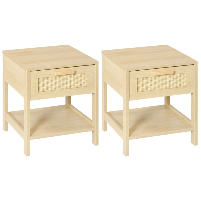 Conjunto 2 Mesitas de Noche Mesillas de Noche con Cajón de Ratán y Estante Inferior Carga 40 kg para Dormitorio Sala 40x40x48 cm Natural