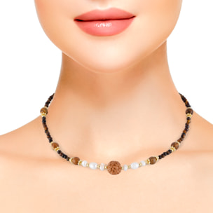 Collar de ojos de tigre, perlas naturales y semilla de Buda, con cierre de mosquetón.
