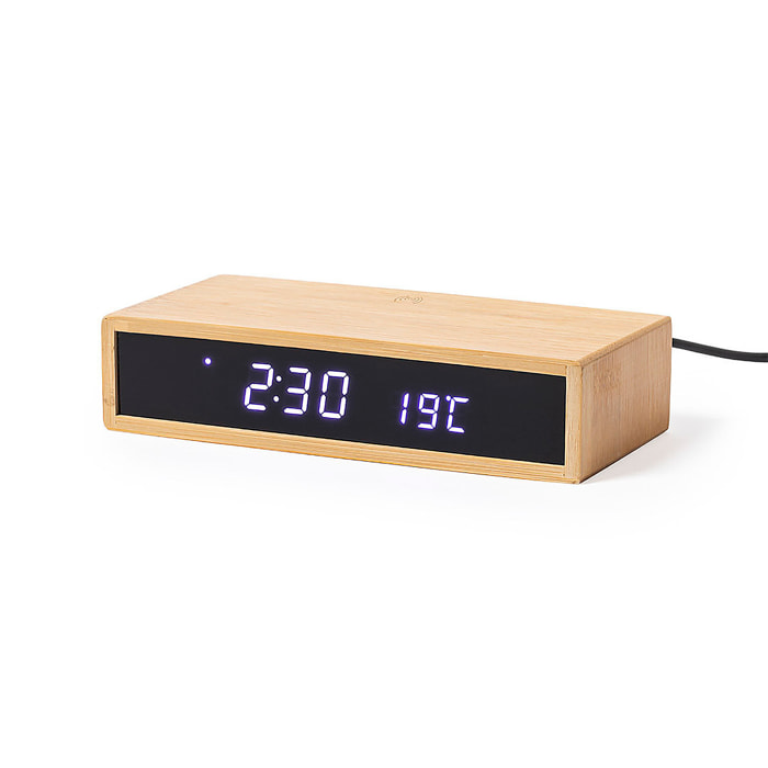 Reloj Multifunción cargador Inalámbrico 5W.Nature bambú. Intensidad de Luz Regulable. Conexión USB