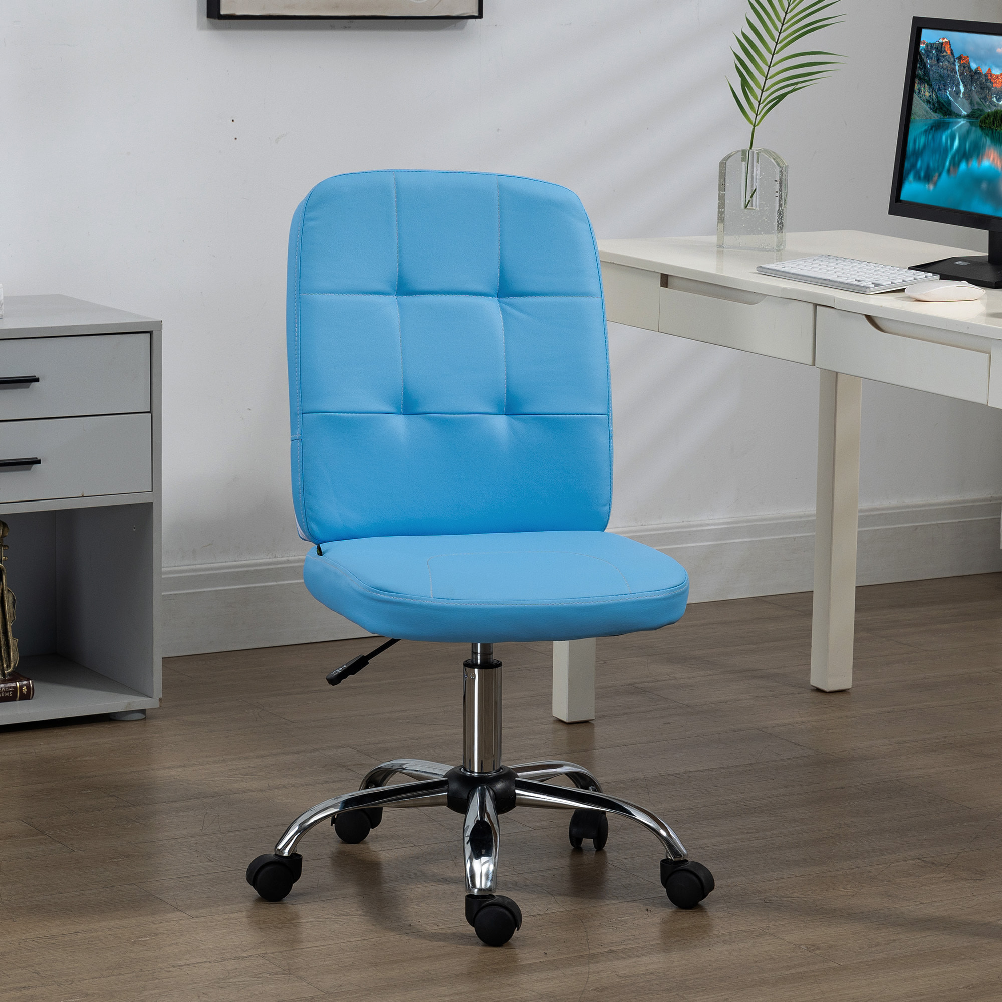 Silla de Oficina sin Brazos Silla de Escritorio Giratorio de Piel Sintética con Altura Ajustable Estilo Moderno Carga 120 kg 45x59x90-100 cm Azul