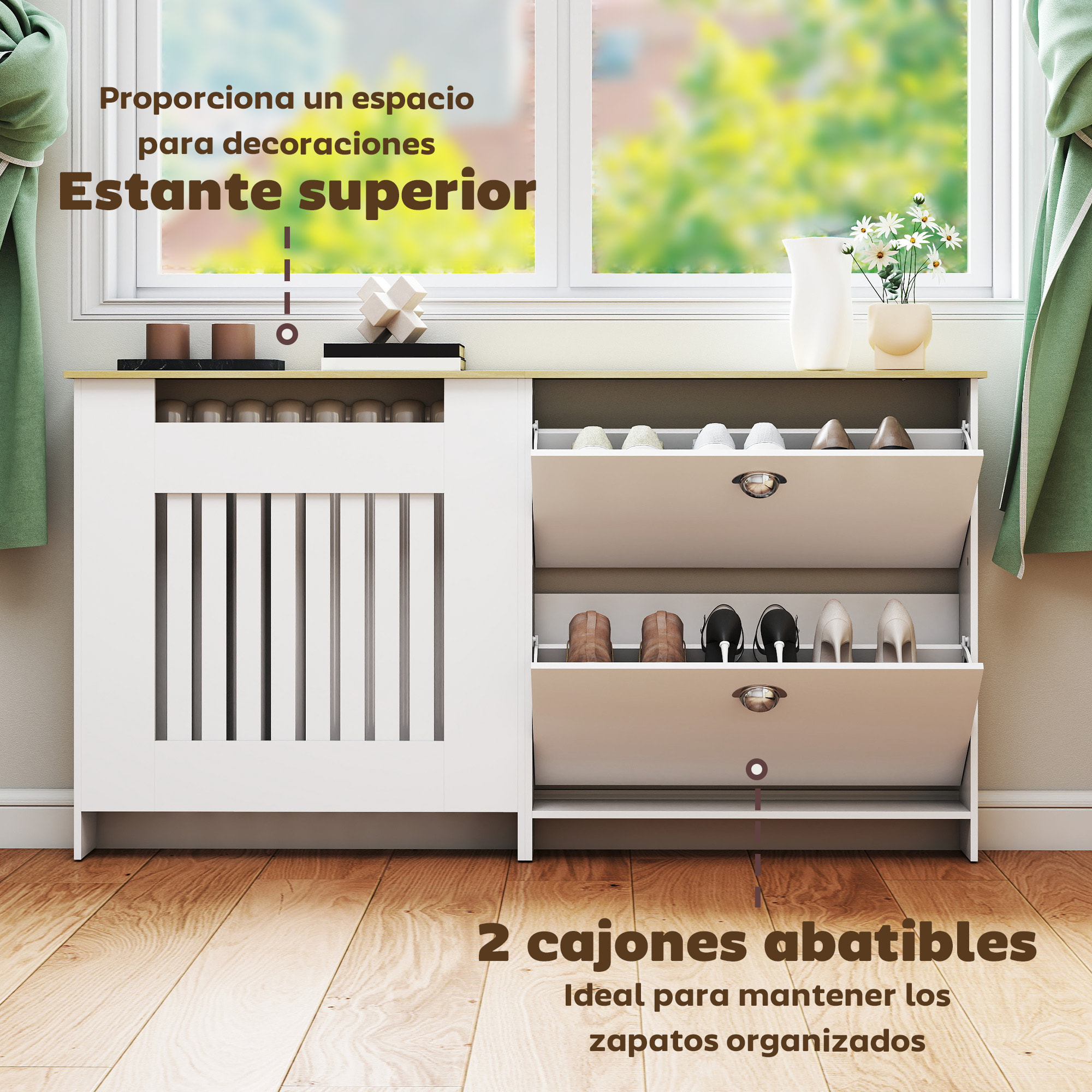 Cubre Radiadores con Zapatero, Cubreradiador de MDF, 152x19x81 cm, Cubierta para Radiador con 2 Cajones Abatibles, Diseño Moderno de Listones, para Salón, Dormitorio, Blanco